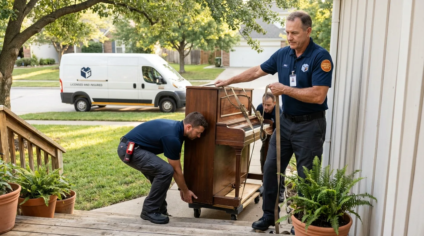 Licensed piano movers securing grand piano in Burlington, NJ
