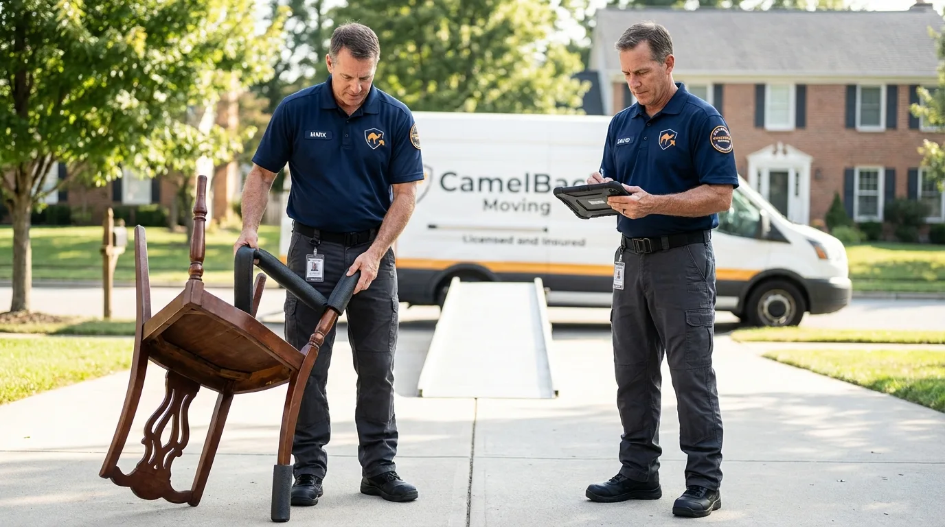 Movers inspecting furniture for damage prevention before loading in Burlington, NJ