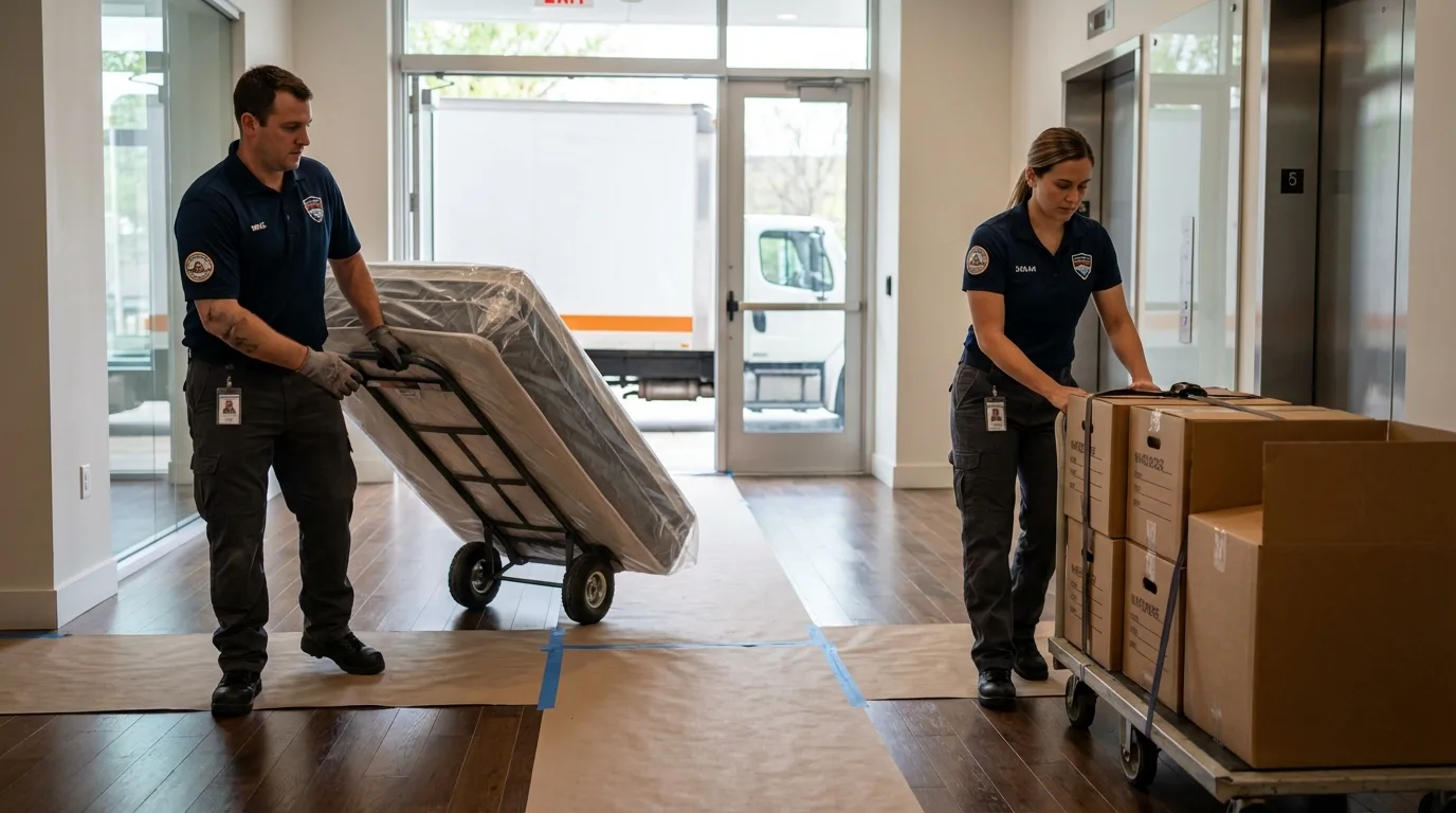 Professional apartment movers loading elevator in Burlington, NJ