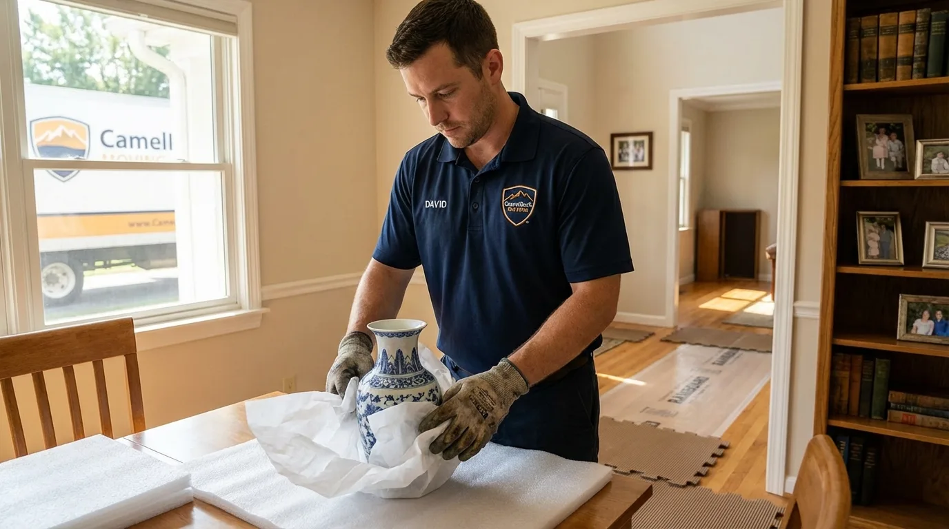 Professional crew carefully wrapping antique vase for senior downsizing move in Burlington, NJ